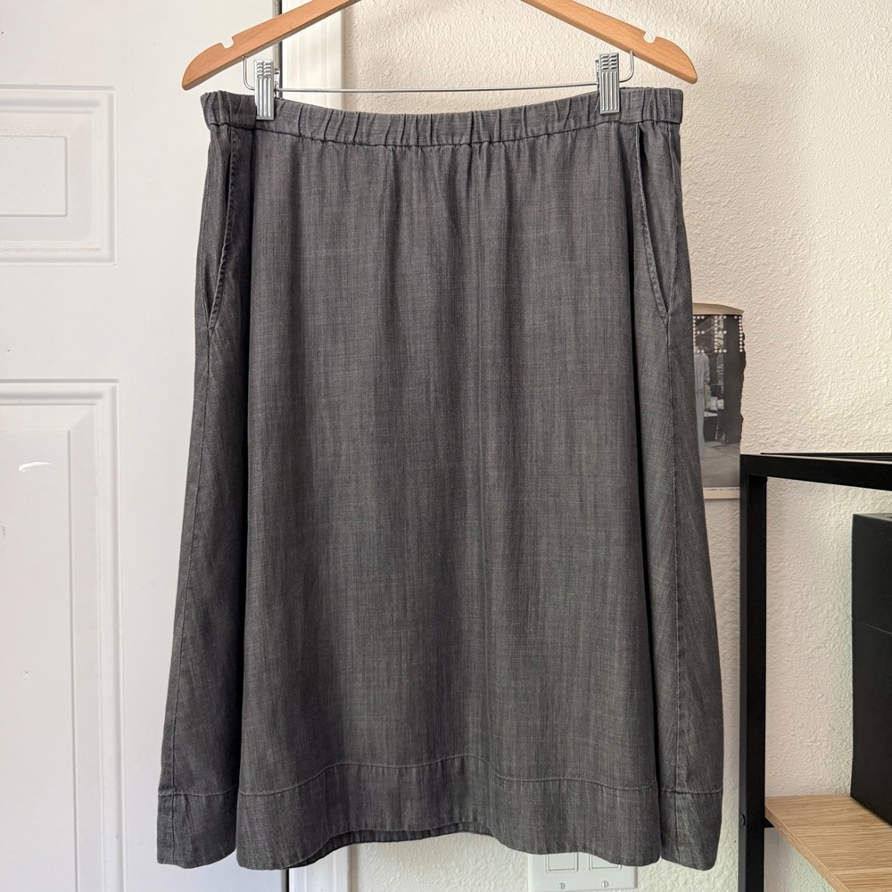 EILEEN FISHER grey tencel cotton denim pull n elastic waist mini skirt